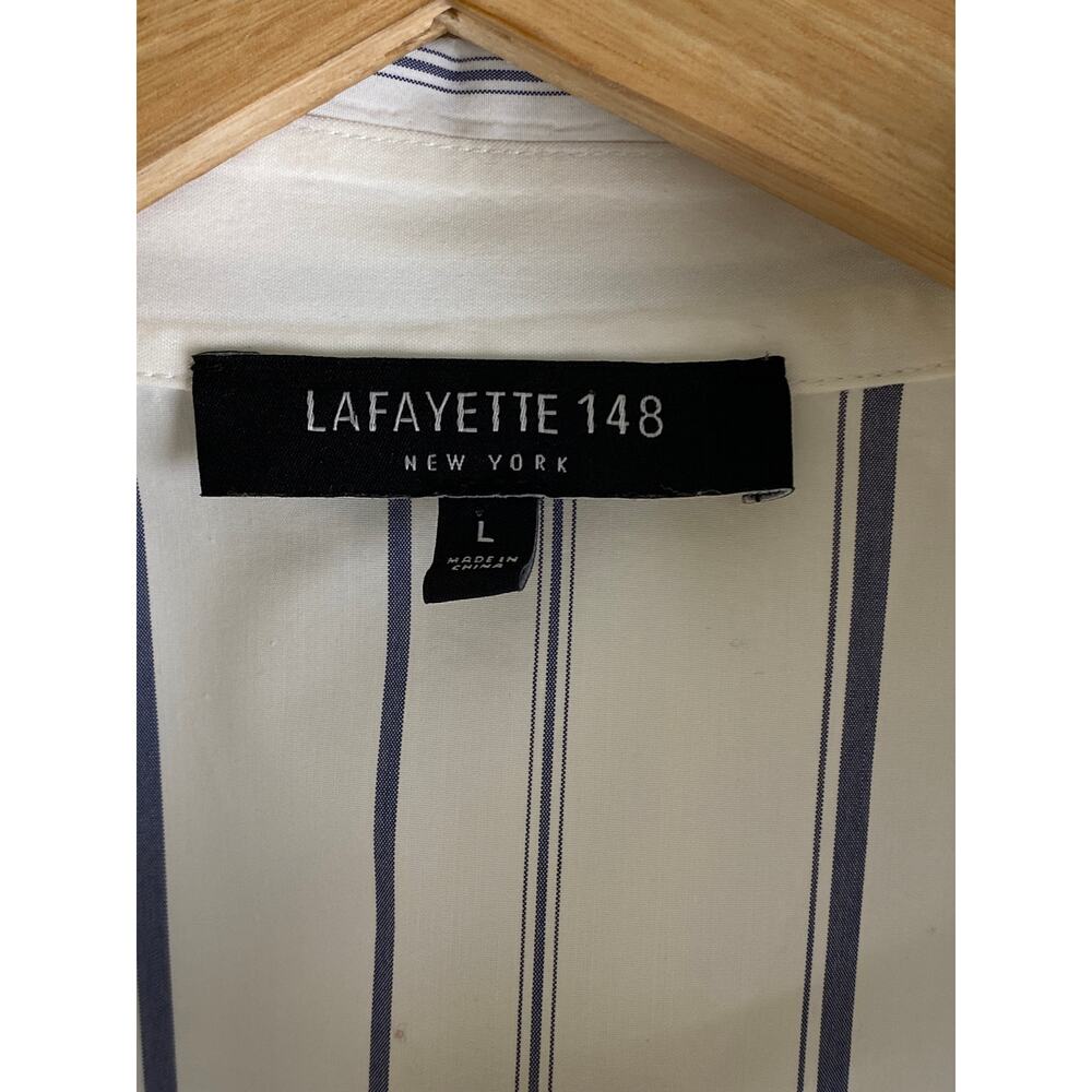 Lafayette 148 Stripe Button Down Shirt White Blue Longline Size L - Picture 11 of 13